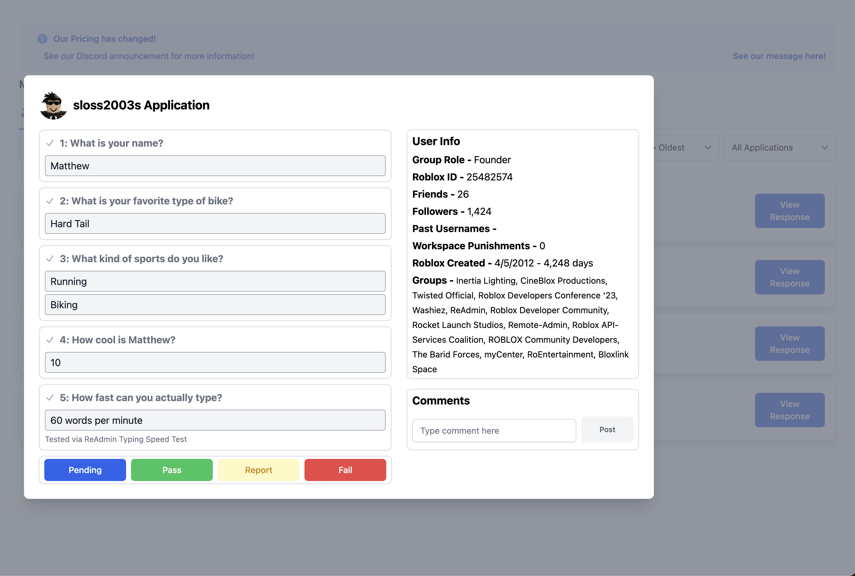 ReAdmin Roblox application form builder with quiz mode